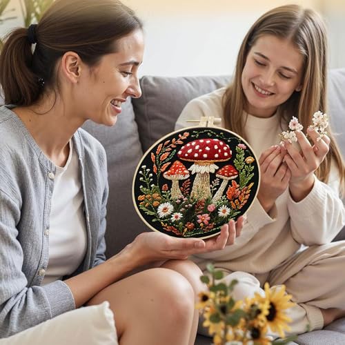 SCECALA 4 Pack Mushroom Embroidery Kit - Botanical Flower Floral Hand Embroidery Kit for Beginners with Pattern, Complete Cross Stitch Supplies DIY Craft for Adults Sewing Hobby, 1pc Hoops
