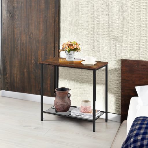 Hoctieon 2 Tier End Table, Sofa Side Table, Narrow Side Table with Storage, Slim Nightstand for Small Spaces, Metal Frame, for Living Room, Bedroom, Sofa Couch, Hall, Rustic Brown Hoctieon