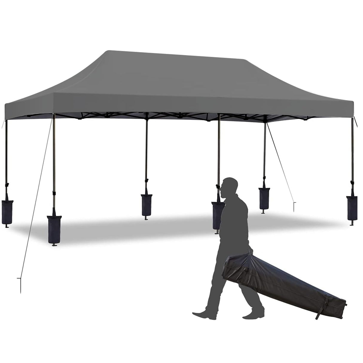 EROMMY 10' x 20' Pop Up Canopy Tent, Commercial Instant Canopy with Roller Bag, 6 Sand Bags, Outdoor Canopies for Festival, Event, Gray EROMMY