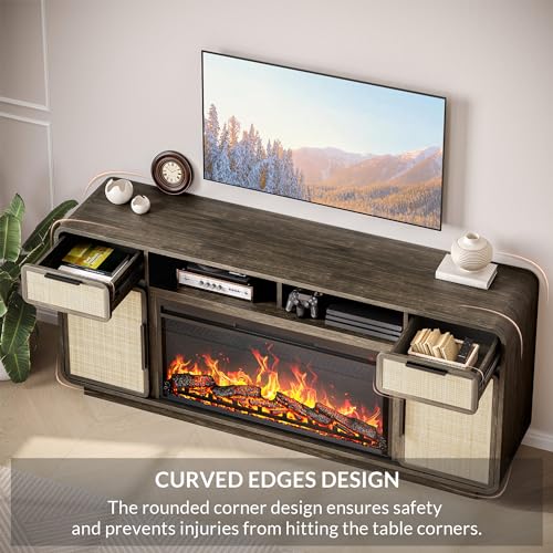 BELLEZE 68" TV Stand for TV Up to 75",Boho Entertainment Center with 36" Electric Fireplace Heater with Sound, Rattan Decorated Console Table Storage Cabinet for Living Room, Bedroom - (Brown) BELLEZE