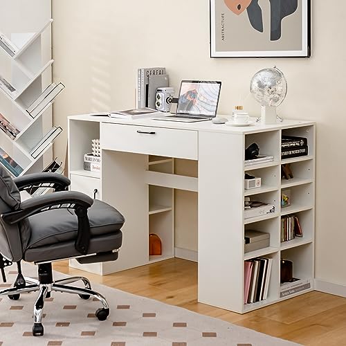 COSTWAY 36” Counter Height Sewing Table, 53 Inch Artwork Craft Table with 14 Open Compartments, 3-Position Adjustable Shelf, 1 Drawer & Cabinet, Project Center Desk Drafting Sewing Workstation, White COSTWAY