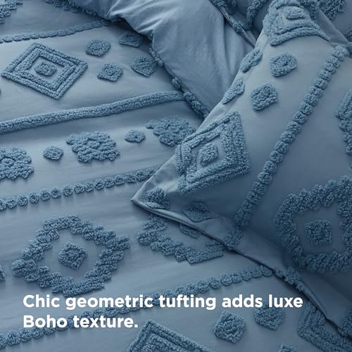 Bedsure Boho Duvet Cover King - Dusty Blue Tufted Boho Bedding, Farmhouse Shabby Chic Embroidery Bedding for All Seasons, 3 Pieces, 1 Soft Jacquard King Comforter Cover and 2 Pillow Shams Bedsure