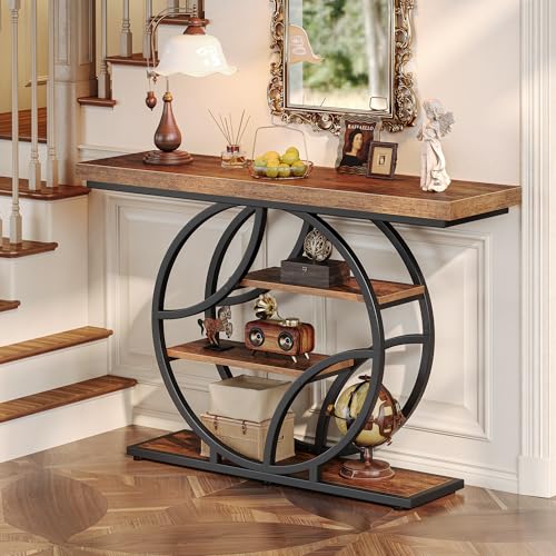 Huuger 47.2 Inch Entryway Table, Industrial Console Sofa Table with Storage, Accent Table with Shelves, for Entry, Hallway, Entrance, Foyer, O-Shaped Metal Frame, Rusitc Brown Huuger