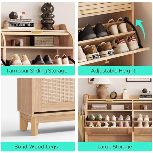 LINSY Shoe Storage Cabinet, Rattan Shoe Cabinet Wood Shoes Rack Cabinets with Sliding Tambour Door, Large Flip Drawer Shoe Cabinet Boho Hidden Shoe Storage for Entryway, Front Door, Hallway, Oak LINSY