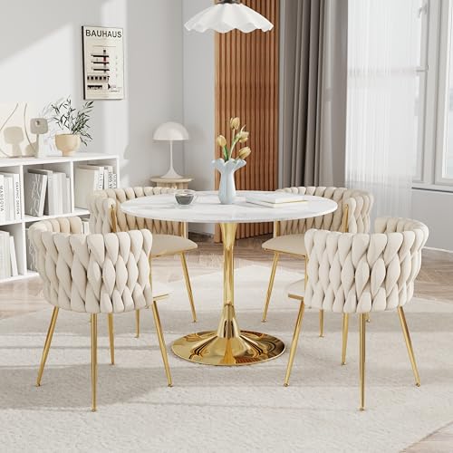 HAIZAO Round Dining Table Set for 4, 34'' Mid Century Modern Circle Kitchen Dinner Room Set, 5 Piece Small Modern Circular Tulip Table Set with Velvet Chairs, for Apartment Home HAIZAO