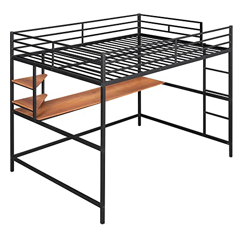 Bellemave Full Size Loft Bed with Desk and 2 Shelves, Metal Full loft bedframe with Storage Shelves, Black Bellemave