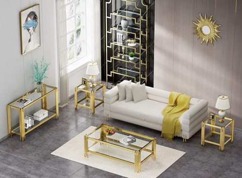 Goujxcy Gold Coffee Table Set of 4 Luxury 2-Tier Black Glass Coffee Table Console Table & 2 End Table w/Mirrored Stainless Steel Frame 4 Pieces Living Room Table Set for Home Office Goujxcy