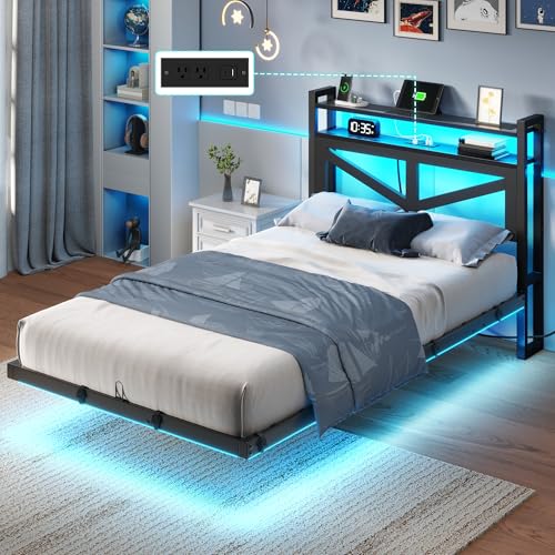 DWVO Twin Size Floating Bed Frame with RGB LED Lights and Charging Station, Upholstered Platform Bed Frame with 2-Tier Storage Shelf Headboard, Solid Metal Slats, Noiseless, Easy Assembly, Black DWVO