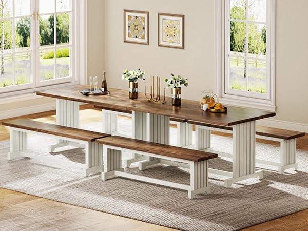 Tribesigns 47" Dining Table Set for 4, 3-Piece Kitchen Room Table with 2 Benches, Farmhouse Wood Dinner Furniture for Small Space, Home Living Room, White & Rustic Brown Tribesigns