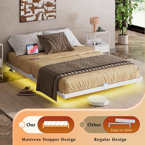 WLIVE Floating Queen Bed Frame, 1500Lbs Heavy Duty Metal Platform with LED Light and Charging Station, No Box Spring Needed, Easy Assembly, No Noise, Queen Size, Black, White WLIVE