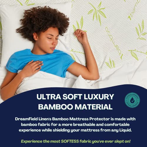 Bamboo Mattress Protector with Zipper - 100% Waterproof Queen Size Cooling Mattress Cover - Ultra Soft Jacquard Fabric Breathable Noiseless Mattress Pad Covers - Zippered Mattress Encasement DreamField Linen