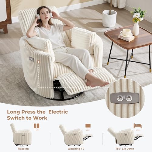 Power Recliner,Nursery Swivel Glider Rocking Chair with USB Port,Upholstered Adult Electric Recliner Rocking Chair with 2 Pillows for Living Room Bedroom (Beige Corduroy, Power-Driven)