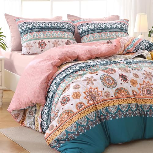 MUXHOMO Bed in a Bag Queen 7 Pieces, Queen Comforter Set Reversible Bohemian Botanical Flowers Design, Ultra Soft & Breathable Bedding Sets with Comforter, Sheets, Pillowcases & Shams MUXHOMO