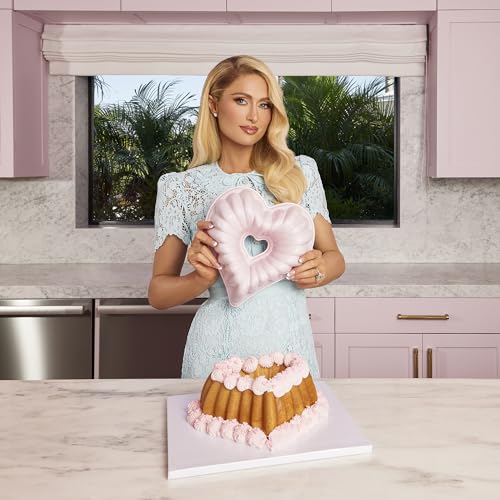 Paris Hilton Heart Shaped Fluted Cake Pan, Cast Aluminum with Clean Ceramic Nonstick Bakeware, Dishwasher Safe, Made without PFAS, PFOA, PFOS & PFTE, 9-Inch, Pink Paris Hilton