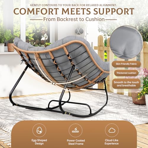 SUNCROWN Oversized Wicker Rocking Chair Indoor Outdoor, 450 LBS Heavy Duty Patio Papasan Egg Chair with Cushion, E-Coated Frame Lounge Rocker for Balcony Porch Garden Living Room, Light Grey