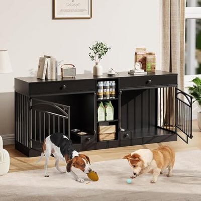 GAOMON Dog Crate Furniture for 2 Dogs, 78.7'' Large Dog Kennel Indoor with 2 Storage Drawers, 3 Shelves and Feeding Bowls, Double Dog Crate TV Stand for Small and Medium Dogs, Black