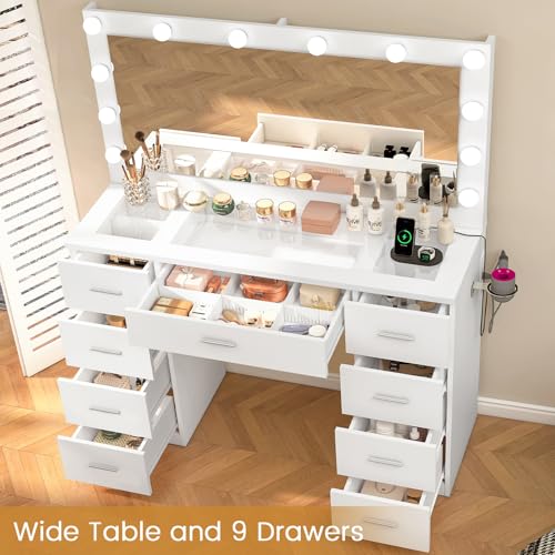 Quimoo Vanity Desk with Large Lighted Mirror and Power Outlet, 46" Makeup Vanity with 9 Drawers and Glass Desktop, Vanity Table with 12 LED Lights, 3 Lighting Color Adjustable (White) Quimoo