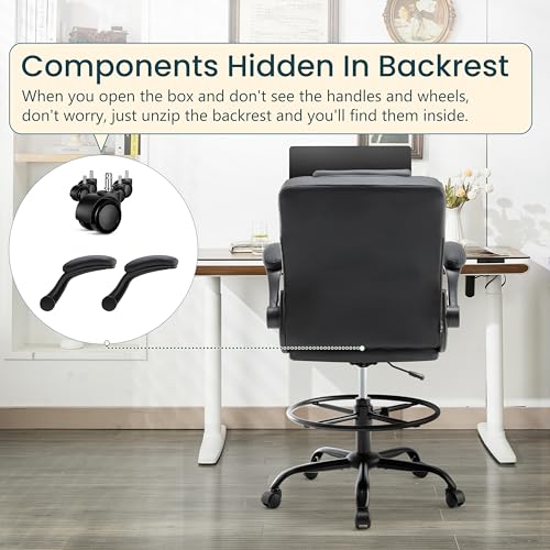 Drafting Chair 500Lbs, Tall Office Chair for Standing Desk, High PU Leather Executive Office Chair with Flip-up Armrests, Ergonomic High Chair with Adjustable Foot Ring, Comfy Stool Chairs, Black Sofetura
