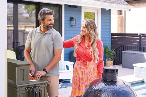 Suncast Patio Plastic Storage and Prep Station with Decorative Wicker Pattern and Multi Wall Panels for Patio, Garden, and Lawn Use, Stoney Gray Suncast