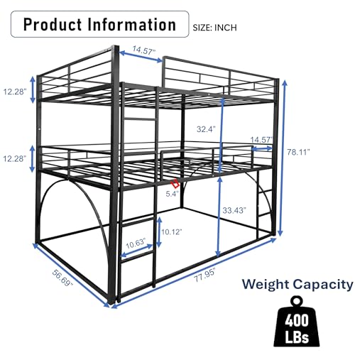 PVWIIK Full Triple Bunk Bed with Ladder for 3 Kids/Teen/Adults Bedroom,Full Over Full Over Full Heavy Duty Metal Bunk Bed for Girls & Boys,Black PVWIIK