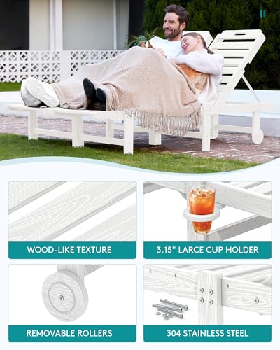 SERWALL Outdoor Chaise Lounge Set of 2, All-Weather HDPE Pool Lounge Chairs with 5-Position Adjustable Backrest, Rolling Wheels & Cup Holder for Poolside, White