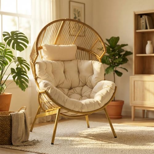 ONBRILL Egg Chair for Outdoor & Indoor, Patio Wicker Chair with Thick Cushion, Oversized Rattan Chairs for Balcony, Porch & Backyard, 450 LBS Heavy Duty & Comfy Basket Chairs for Living Room, Bedroom ONBRILL