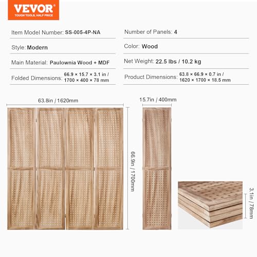 VEVOR Wood Room Divider, 4 Panel Wood Folding Privacy Screen, 66.9 Inches Tall Indoor Carved Partition Divider, Portable Decoration Screen, for Room Separation, Home, Office, Restaurant & Bedroom VEVOR