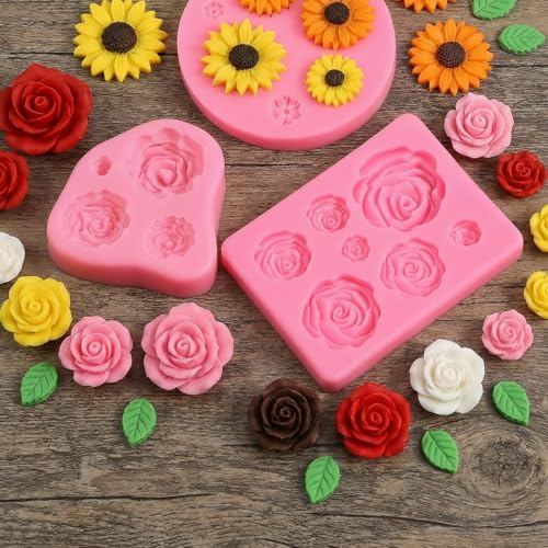 3 PCS Flower Molds Silicone 3D Cute Flower Candle Molds Silicone Fondant Chocolate Cake Decorating Mold Rose & Daisy Flowers Silicon Mold for Wedding Cake Decorating Tools Home Décor Handmade Gift