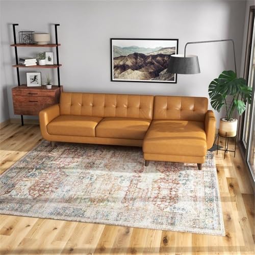 ASHCROFT Elva Mid Century L-Shaped Genuine Leather Right Facing Chaise Sectional, Light Brown Tufted Tight Back Sectional Sofa for Living Room Waiting Area Office Apartment Dorm Home, Tan ASHCROFT
