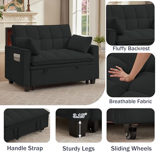 Portaforta Sleeper Sofa with Pull Out Couch Bed, 48" Convertible Pull-Out Sofa Bed Chair, 3-in-1 Futon Couch with Reclining Backrest and Side Pockets for Living Room Bedroom Apartment, Black Portaforta