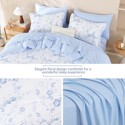 Luxudecor Floral Queen Comforter Set 7 Pieces Bed in a Bag, Blue Rose Romantic Flower Bed Set, Soft Reversible Comforter with Sheet Set 90"x90" Luxudecor