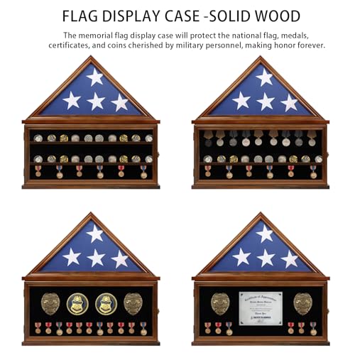 Zmiky Large Burial Flag & Military Challenge Coin Display Case Solid Wood Cabinet Fits a 5 X 9.5 Flag Folded Removable 2 Grooves Shelves and Lockable Zmiky