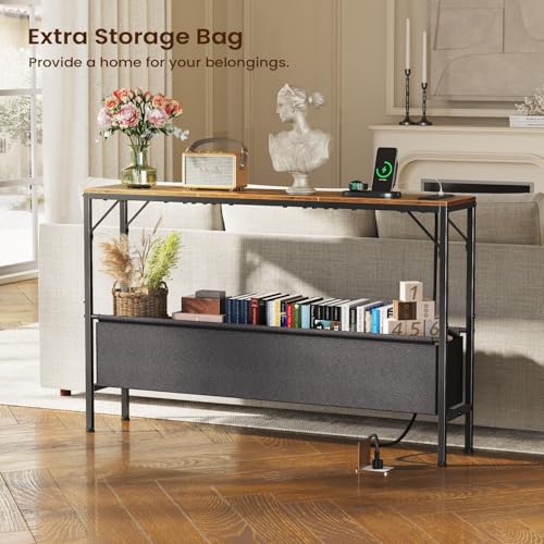 Asgolion Console Table, Narrow Sofa Table, 47.2" Behind Couch Table with Power Station, Entrance Table, for Living Room, Hallway, Entryway, Foyer, Rustic Brown Asgolion