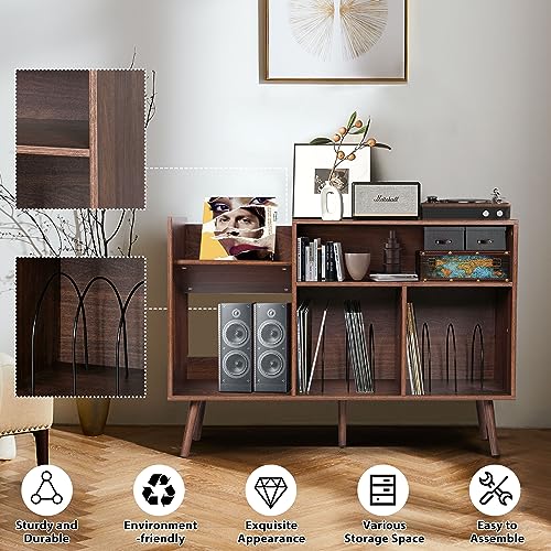 Large Record Player Stand, Mid-Century Vinyl Record Storage Table with Wood Legs and Record Storage, Modern Turntable Stand Holds Up to 300 Albums for Studio, Living Room, Bedroom (Walnut) ORRD