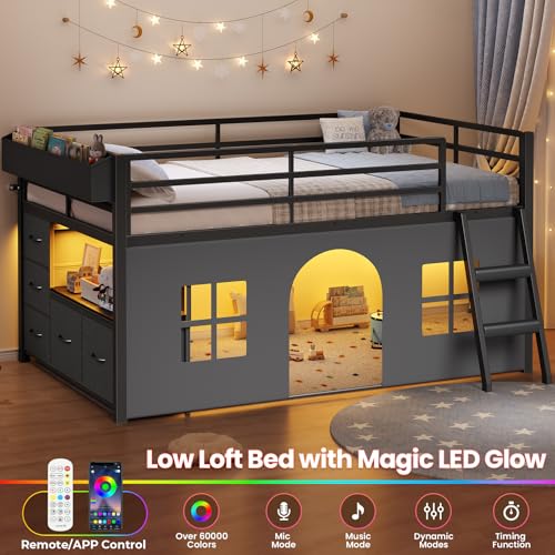 ADORNEVE Low Loft Bed Twin Size with Tent, 5 Storage Drawers, LED Lights, Metal Kids Loft Bed with Bookcase & Under-Bed Play Space,Twin Loft Beds with 13.8''H Safety Guardrail,Inclined Ladder, Black ADORNEVE