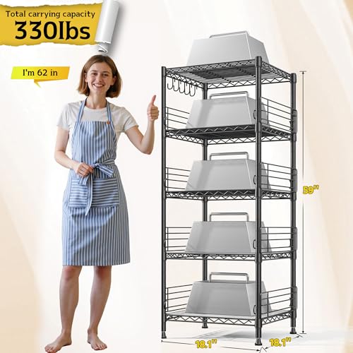 5 Tier Metal Shelving Unit Storage Shelves With Shelf Linker,Adjustable Pantry Shelves Wire Shelving with Hooks,Metal Shelf with Side Blockers for Kitchen,Closet,Office,Laundry,18.1''Wx18.1''Dx59''H DurayLoly