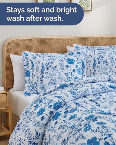 Duvet Cover Twin/TXL Size Set - Extra Soft Floral Duvet Cover 68 x 90 with 1 Pillow Sham - Comfy, Breathable Bedding Set - Hotel Luxury, Fade Free, Zipper Closures & Ties - Blue Dainty Floral CGK Unlimited