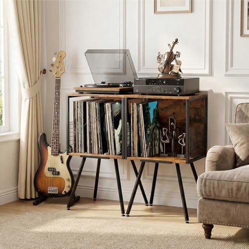 Faesun Record Player Stand with Storage Holds 100+ Vinyl Records, Industrial Turntable Stand with Storage Shelf, LP Album Organizer Cabinet for Small Spaces,Rustic End Table Faesun