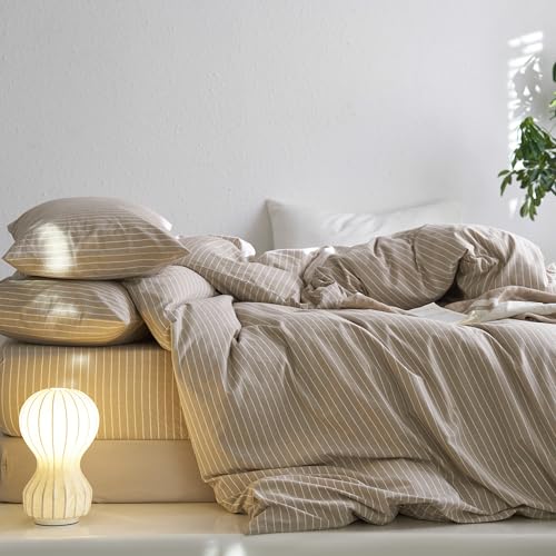 MooMee Striped Duvet Cover Set 100% Washed Cotton Linen Like Textured Breathable Durable Soft Comfy (Tannish Linen Grey White Wide Stripes, Queen 90"x90") MooMee