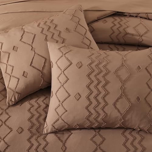 AMBERSPACE Queen Comforter Set Brown, Tufted Geometric Boho Bedding Farmhouse Bed Set, All Season 7 Pieces Bed in a Bag with Sheets, Pillowcases & Shams AMBERSPACE