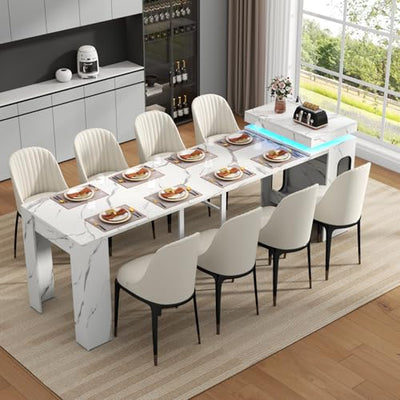 Extendable Dining Table with Charging Station & LED Lights, 19.7" to 98.4" White Faux Marble Dining Table, Rectangle Console Table for 2-8, Modern Space Saving Kitchen Island Table (No Chairs)