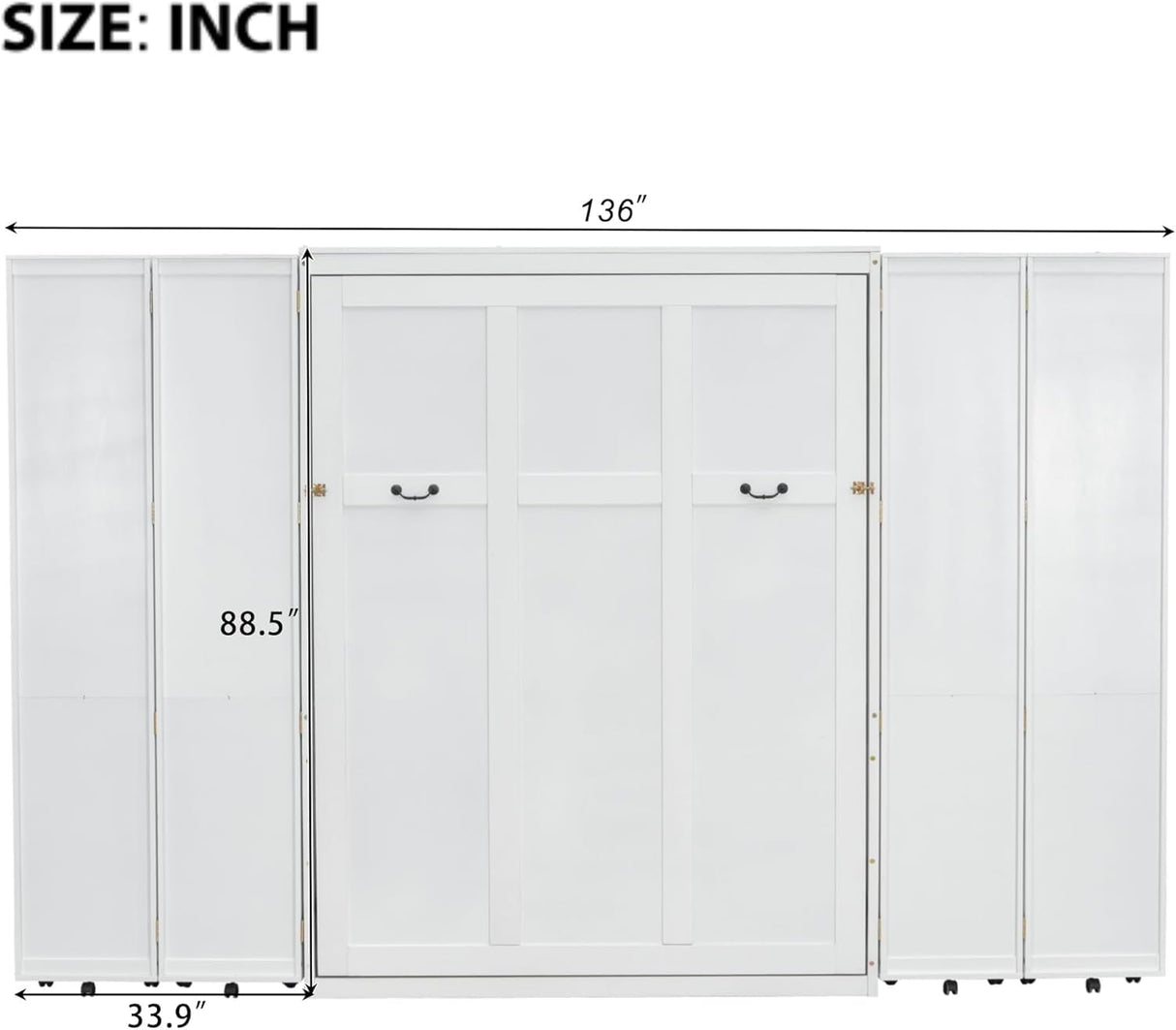 Foldable Queen Murphy Bed Cabinet with Storage Bookshelf Bookcase, Wood Hidden White Murphy Wall Bed with Storage Shelves for Adults MERITLINE