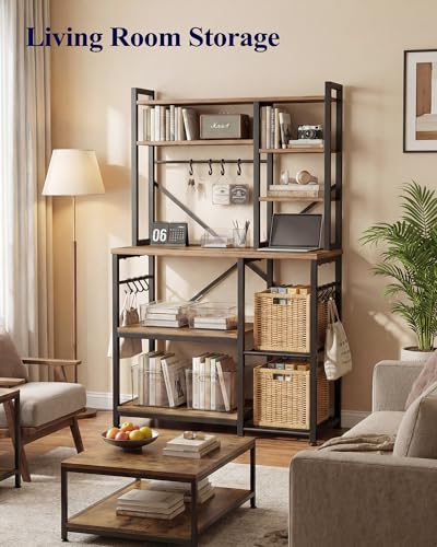 Kitsure Baker's Rack with Power Outlet - Storage Rack with Kitchen Shelves and 12 Hooks, Versatile Coffee Bar and Microwave Stand for Appliances, Pantry, Home Organization,Brown, 38.0" x 15.5" x 67.0"