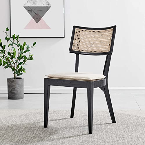 Modway Caledonia Wood Dining Chair with Cane Rattan in Black Beige Modway