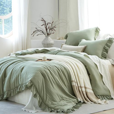 softpage Sage Green Ruffle Comforter Set King, Pre-Washed Shabby Chic Bedding Set, Lightweight Cottagecore Soft Romantic Cozy 1 Comforter & 2 Shams, All-Season