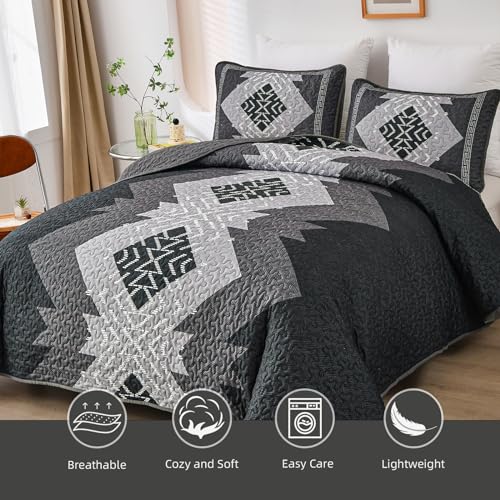 Dintszyayue Boho Quilt Set King Size 3 Pieces Black Grey Aztec Texture Bedspread Coverlet Set Bohemian Quilt Bedding Set Microfiber Lightweight Bed Cover for All Seasons 90"×103" Dintszyayue