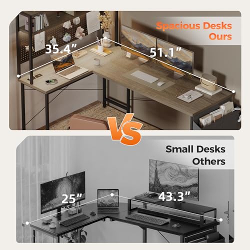 Mericonia 50 inch Large L Shaped Desk with Pegboard Hutch & Shelves, Corner Gaming Desk with Power Outlet, LED Light & Storage Bag, Reversible Computer Desk for Home, Bedroom, Office Workspace, Grey Mericonia