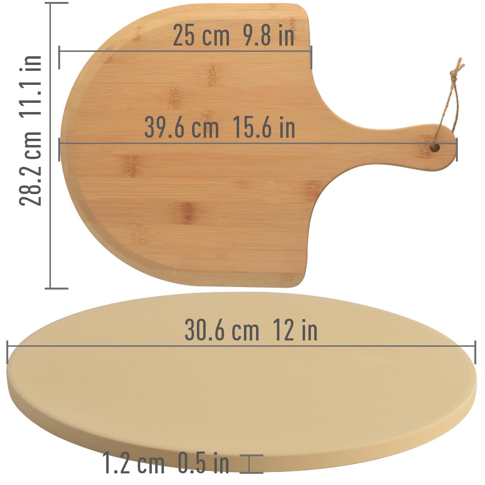 homEdge Pizza Stone Set, Heavy Duty Round Cordierite Baking Stone for Bread, Pizza, Thermal Shock Resistant Cooking Stone with Bamboo Pizza Peel Paddle for Oven and Grill-12 Inches (Diameter) homEdge