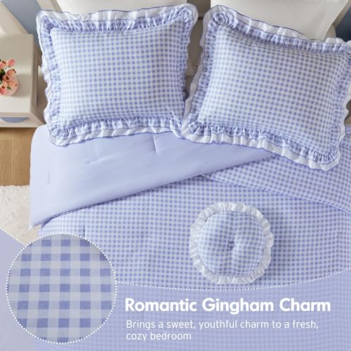 Intelligent Design Rowena Full Comforter Set – Blue Gingham Ruffled Bedding, Vintage Farmhouse Style, Reversible All Season 4-Piece Bedding Set, Full/Queen, Gift for Her Intelligent Design