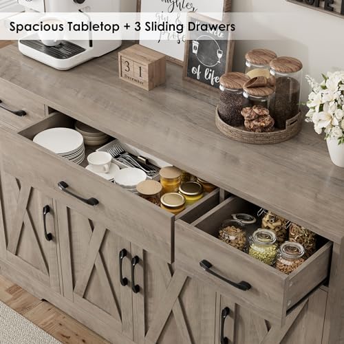 HOSTACK Buffet Sideboard Cabinet with Drawers, 55" Large Buffet Storage Cabinet with Shelves & 4 Doors, Modern Farmhouse Coffee Bar Cabinet Wood Buffet Table for Kitchen, Dining Room, Ash Grey HOSTACK